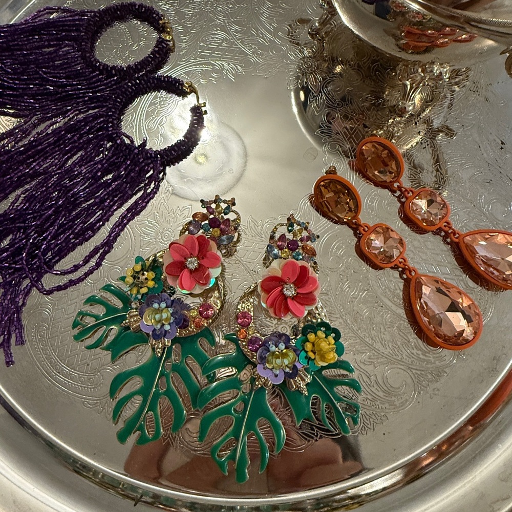 Zara purple tassel/ Floral Green leaves Earrings, 🍊 orange diamond earrings